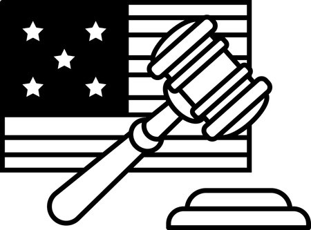 A black and white drawing of a gavel on top of a flag. The gavel is on a white background with a black borderのイラスト素材
