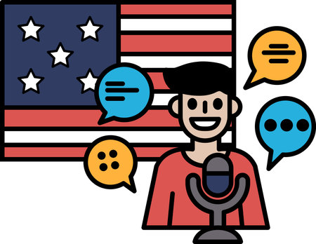 A man is talking into a microphone in front of an American flag. The man is smiling and the flag is red, white, and blueのイラスト素材