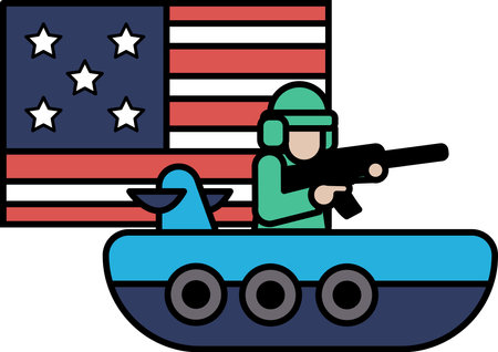 A man in a green uniform is holding a gun and standing in front of an American flagのイラスト素材