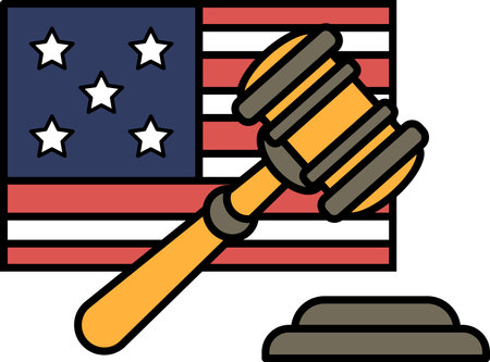 A wooden gavel is placed on top of a red, white, and blue American flag. The gavel is a symbol of justice and authority, and the flag represents the United States. Concept of power and importanceのイラスト素材