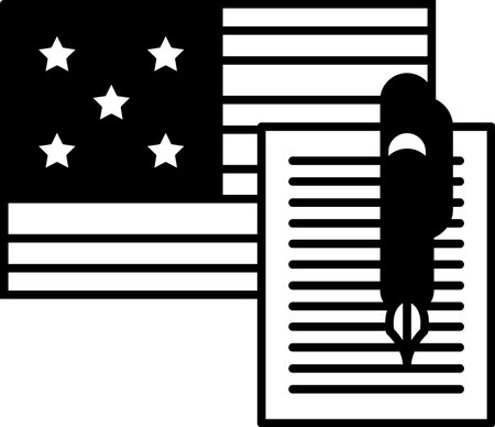 A pen is on top of a piece of paper with the American flag in the background. The pen is black and the paper is whiteのイラスト素材