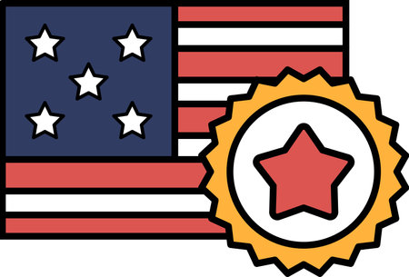A patriotic flag with stars and stripes and a gold star on it. The flag is surrounded by a gold star, symbolizing excellence and achievementのイラスト素材