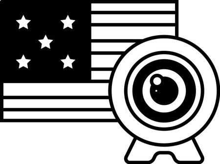 A black and white photo of the American flag with a camera lens in the middle. The camera lens is surrounded by stars and the flag is in the backgroundのイラスト素材