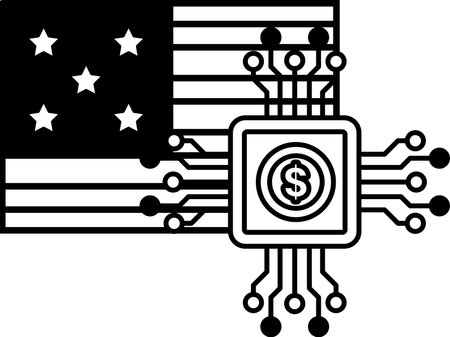 A black and white image of the American flag with a dollar sign in the middle. Concept of technology and money, and the mood is serious and focusedのイラスト素材