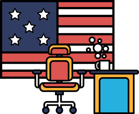 A cartoon of a desk with a chair and a cup of coffee next to a red, white, and blue American flagのイラスト素材