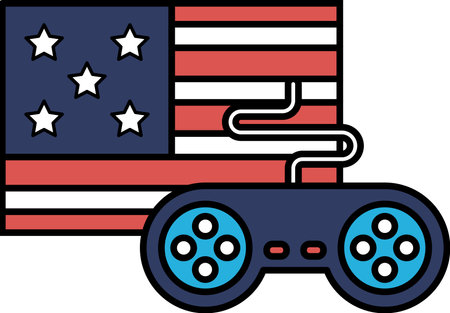 A video game controller is shown next to an American flag. The controller is blue and white, and the...
