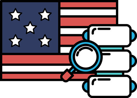 A close up of the American flag with a magnifying glass on it. The flag is red, white and blue with starsのイラスト素材