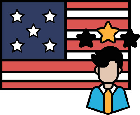 A man is standing in front of the American flag with a star on it. The man is wearing a suit and tieのイラスト素材