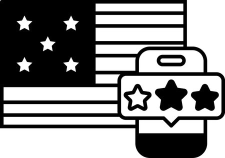 A black and white image of the American flag with stars and stripes. A phone is shown with a star rating and a thumbs upのイラスト素材