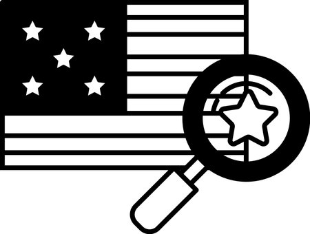 A black and white image of the American flag with a magnifying glass over it. The magnifying glass is pointing to a star on the flagのイラスト素材