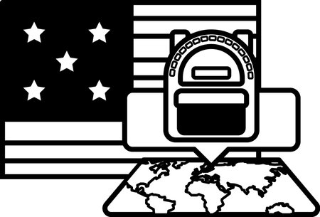 A backpack is placed on a map of the world. The backpack is positioned in the middle of the map, with the stars of the American flag visible in the backgroundのイラスト素材