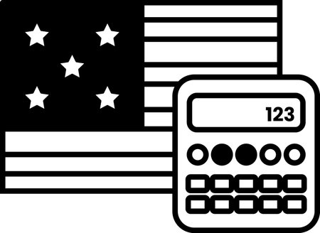 A calculator is shown next to the American flag. The calculator is set to 123. Concept of the importance of numbers and calculations in everyday lifeのイラスト素材
