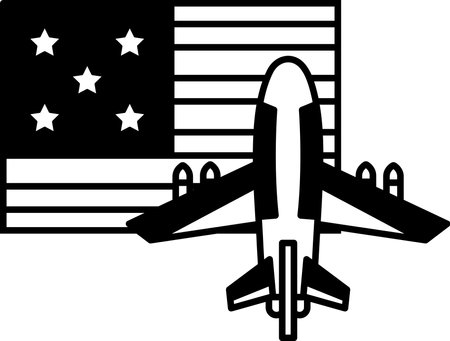 A black and white drawing of an airplane with the American flag in the background. The airplane is positioned in front of the flag, with the stars of the flag visible in the backgroundのイラスト素材