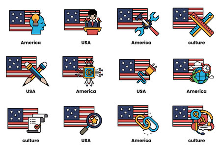 The image is a set of 12 different flags, each representing a different aspect of American culture. The flags are arranged in a grid, with each one featuring a unique design and color schemeのイラスト素材