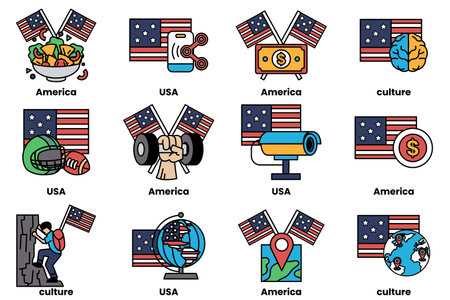 The image is a collection of American flags and other symbols. The flags are arranged in a grid, with some placed above others. The flags include the American flag, the flag of the United Statesのイラスト素材