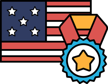 A patriotic flag with stars and stripes is shown with a gold medal and a star. Concept of achievement and pride in one's countryのイラスト素材