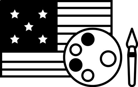 A black and white drawing of a paint palette with a paintbrush and a flag in the backgroundのイラスト素材