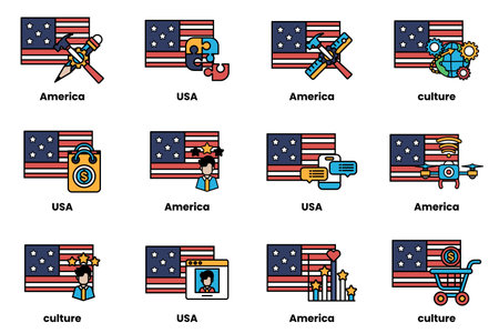 The image is a collection of different American flags with various icons and symbols. The flags are arranged in a grid, with each one representing a different aspect of American cultureのイラスト素材