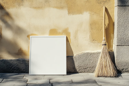 A white frame is sitting on the ground next to a broom. The frame is empty and the broom is leaning against a wall. The scene is simple and uncluttered, with the white frameの素材