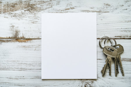 A white piece of paper with a key on it. The paper is blank and the key is on top of itの素材