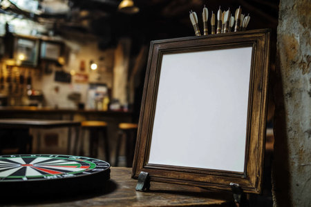 A white frame sits on a table next to a dartboard. The frame is empty, and the room is dimly litの素材