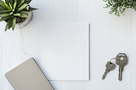 A white piece of paper with a key on it. The paper is blank and the key is on the right side of the paperの素材