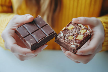 A person is holding two pieces of chocolate, one of which is broken. Scene is lighthearted and playful, as the person is holding the chocolate in a casual mannerの素材