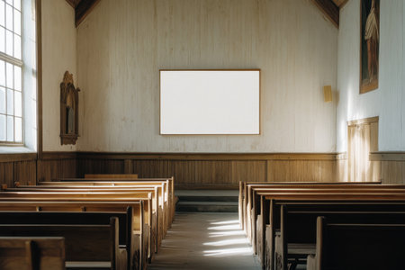 A large empty church with wooden pews and a white board on the wall. The empty pews and the white board give the impression of a solemn and quiet atmosphereの素材