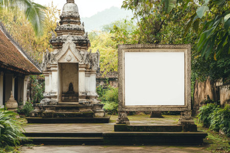 A white sign is in front of a building with a small shrine. The sign is empty and the building is surrounded by treesの素材