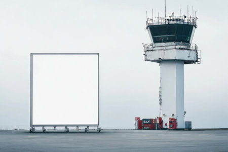 A large white tower with a red top sits next to a large white sign. The sign is empty and the tower is surrounded by a large empty parking lot. The scene is quiet and peacefulの素材