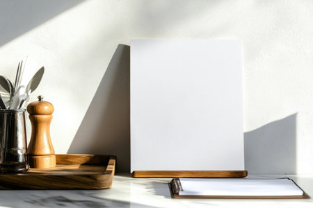 A white paper is on a wooden stand. The paper is on a trayの素材