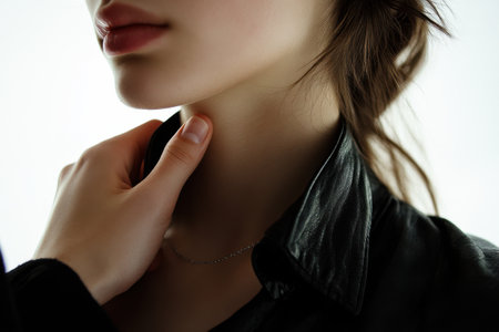 A woman with a necklace around her neck. The necklace is silver and is hanging down her neckの素材