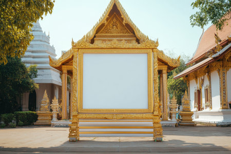 A large white frame with a blank white background stands in front of a building. The frame is gold and has a very ornate design. The scene is set in a courtyard with a lot of greenery, including treesの素材