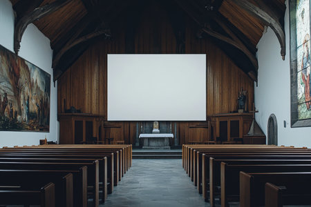 A large, empty church with a large screen in the middle. The church is filled with wooden pews and the screen is white. The church is empty and the screen is the only thing visibleの素材