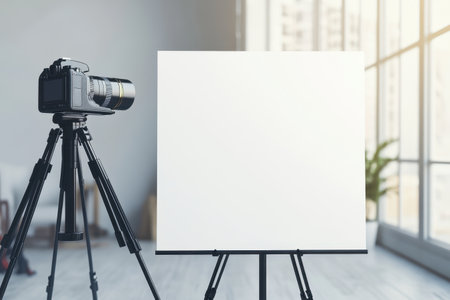 A camera is set up in front of a blank white canvas. The camera is on a tripod and the canvas is on a stand. The camera is ready to capture the moment when the canvas is filled with color and lifeの素材