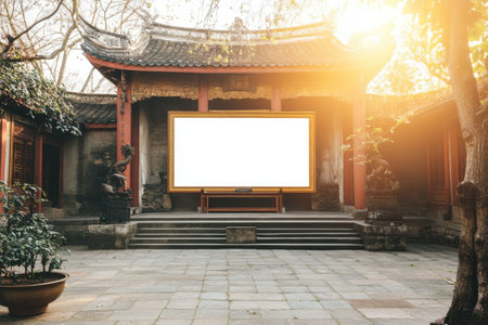 A large white frame with a blank white background sits in front of a red building. The frame is empty, but it is surrounded by statues and potted plants. The scene is serene and peacefulの素材