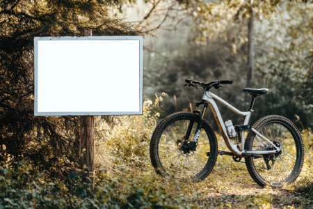 A white bicycle is parked next to a sign that is blank. The scene is peaceful and serene, with the bike and sign blending in with the natural surroundingsの素材