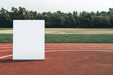 A white sign sits on a red field. The sign is empty and the field is greenの素材