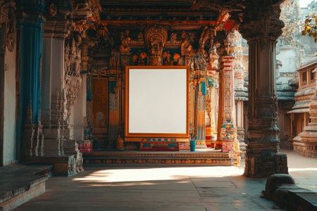 The room is empty and features a large white frame on the wall. The frame is empty, and the room itself is devoid of any furniture or decorations. The emptiness of the room creates a sense of calmの素材