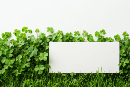 A white sign is placed in the middle of a lush green field of clovers. The sign is blank, but the surrounding grass and clovers create a sense of growth and abundanceの素材
