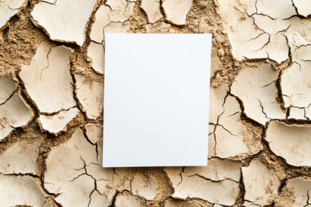 A white piece of paper is on a rocky surface. The paper is empty and the surface is cracked and brokenの素材