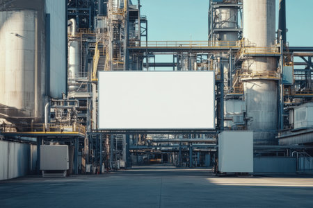 A large white billboard sits in front of a large industrial plant. The billboard is empty, but it is clear that it is meant to be a sign for the plant. The industrial plant is surrounded by tall pipesの素材