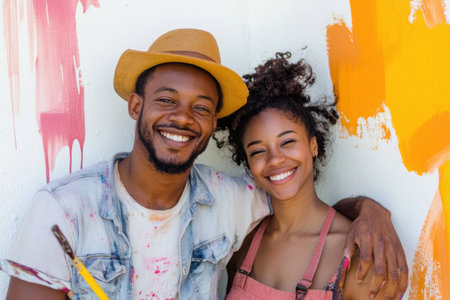 A man and woman are smiling and hugging each other in front of a wall with paint splattersの素材
