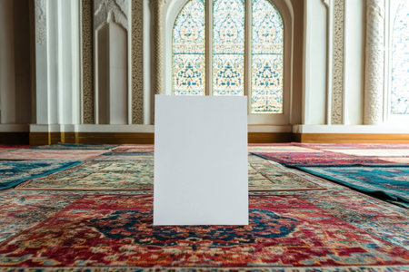 A white book is sitting on a carpeted floor in a room with stained glass windows. The room appears to be a place of worship, as the carpet is likely part of a prayer rug. The book is emptyの素材