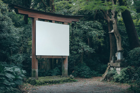 A large white sign is in a forest. The sign is empty and the forest is lush and greenの素材