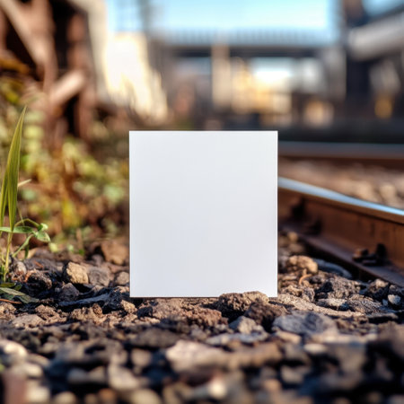 A white square is sitting on a rocky ground next to a train track. The scene is quiet and peaceful, with the white square standing out against the dark backgroundの素材