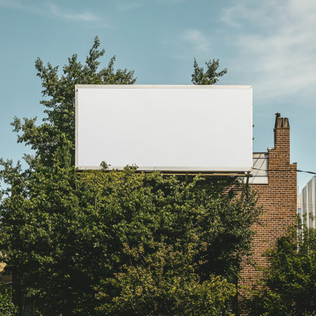 A large white billboard is hanging from a tree. The billboard is empty and the tree is full of leavesの素材