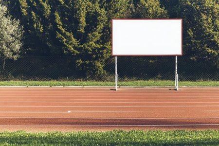 A white sign is on a field with a fence in the background. The sign is empty and the field is greenの素材