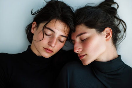 Two women are sleeping in a black sweater. The women are close to each other, and their faces are resting on each other's shouldersの素材