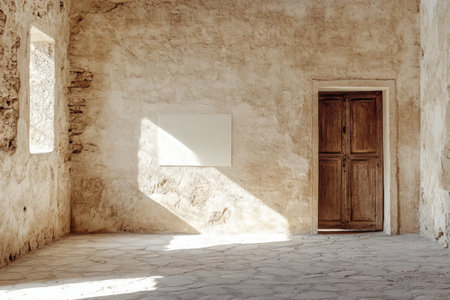 A room with a wooden door and a white board on the wall. The room is empty and has a very simple and minimalistic designの素材